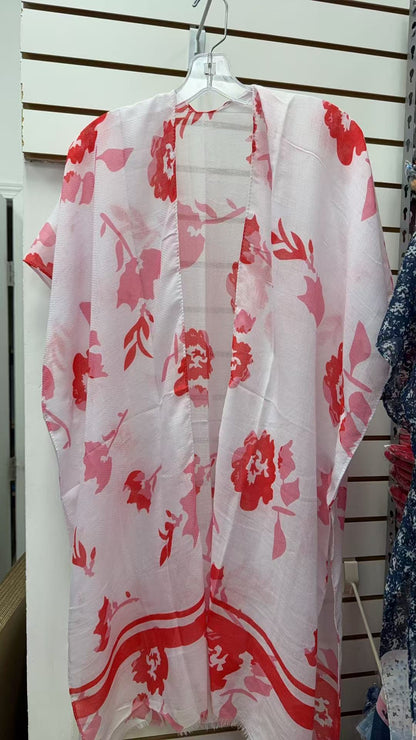 ZJ7276 Pink/white and red floral printed kimono 3pcs-$12
