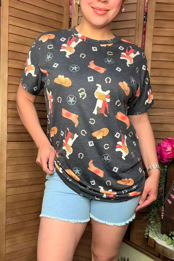 Wholesale t-shirt Boots printed short sleeves grey women top YMY13805