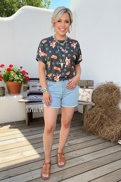 Wholesale t-shirt Boots printed short sleeves grey women top YMY13805