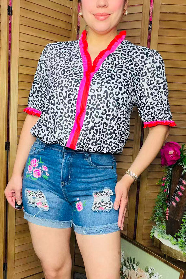 J505 Blue denim women's shorts w/ floral patches