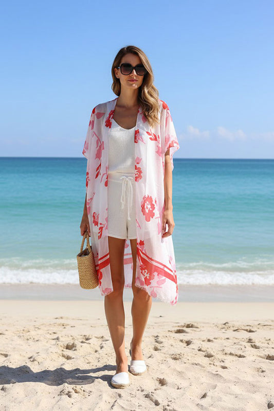 ZJ7276 Pink/white and red floral printed kimono 3pcs-$12