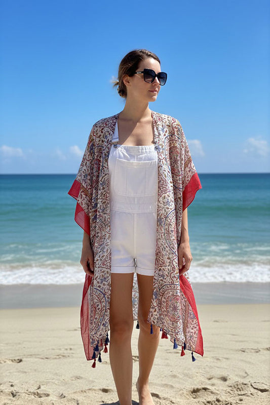 Red paisley printed kimono with tassels 3pcs-$12