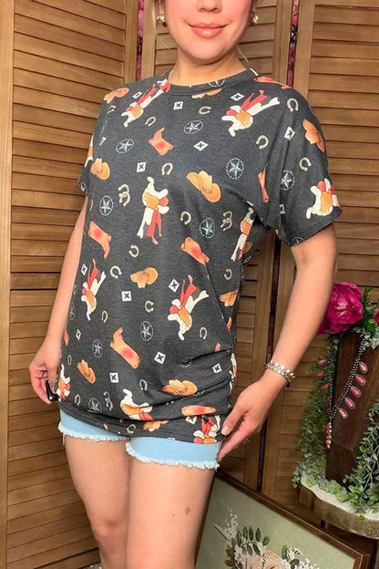 Wholesale t-shirt Boots printed short sleeves grey women top YMY13805