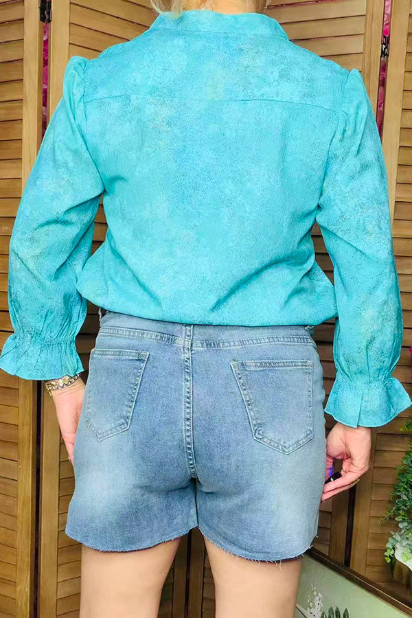 Women's shorts wholesale Blue denim shorts w/aqua cactus embroidery J527