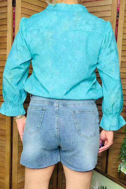 Women's shorts wholesale Blue denim shorts w/aqua cactus embroidery J527