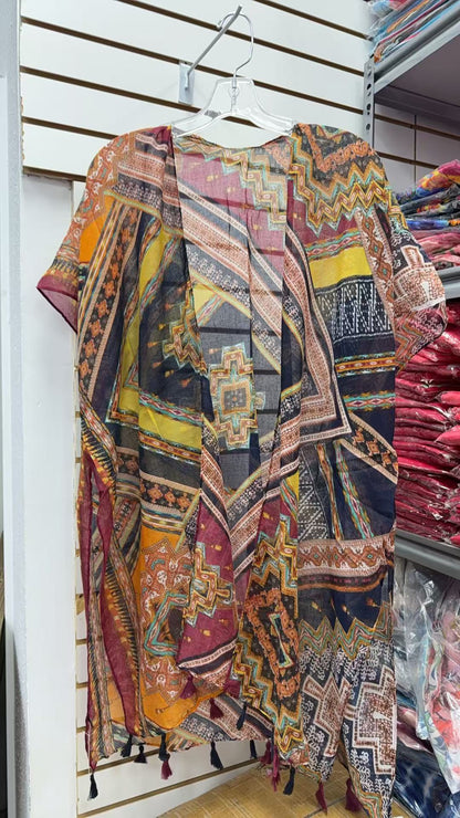 Western block tribal printed kimono w/tassels 3pc-$12  YZ207033
