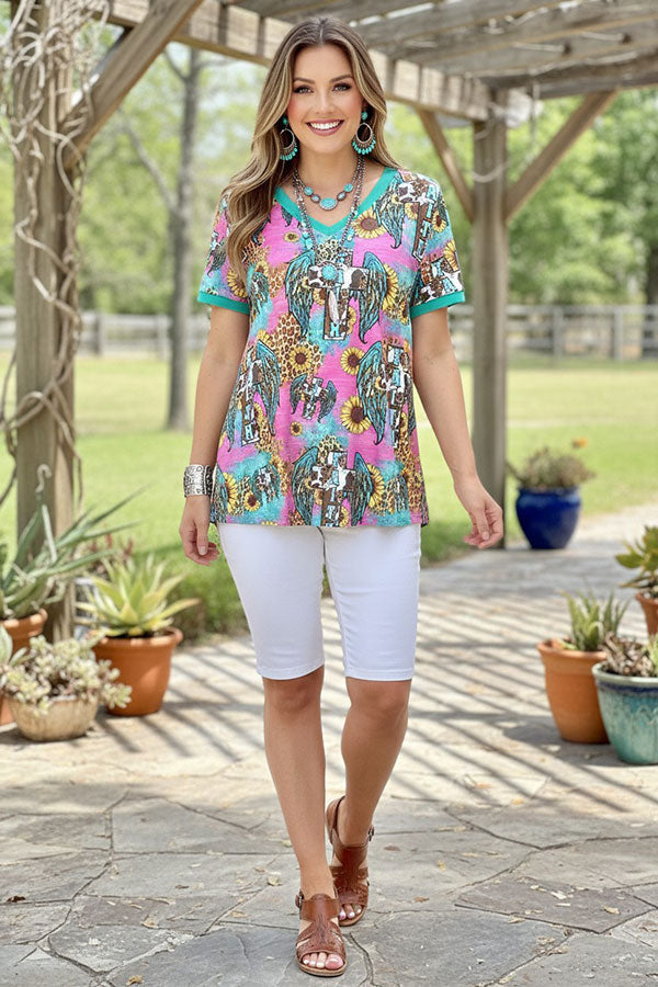XCH12474 Faith cross w/wings & sunflower printed short sleeve women top