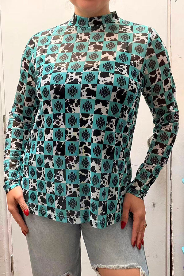 Southern Stitch Turquoise aztec & cow print sheer long sleeve women top XCH17093