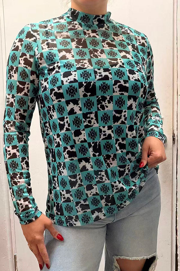 Southern Stitch Turquoise aztec & cow print sheer long sleeve women top XCH17093