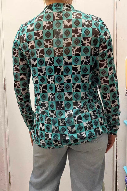 Southern Stitch Turquoise aztec & cow print sheer long sleeve women top XCH17093