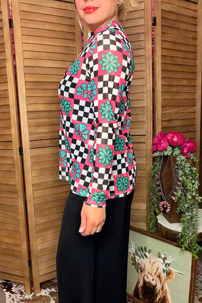 Southern Stitch Western jewels & checkered print sheer long sleeve top XCH17200