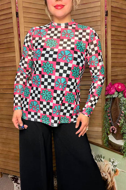 Southern Stitch Western jewels & checkered print sheer long sleeve top XCH17200
