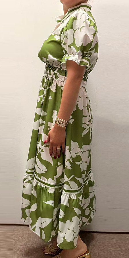 Southern Stitch Green floral print tiered short sleeve maxi dress GJQ16997