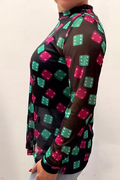 Southern Stitch Dice print sheer long sleeve women top XCH16356