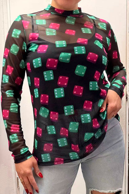 Southern Stitch Dice print sheer long sleeve women top XCH16356