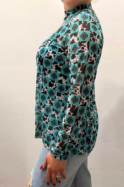 Southern Stitch Turquoise aztec & cow print sheer long sleeve women top XCH17093