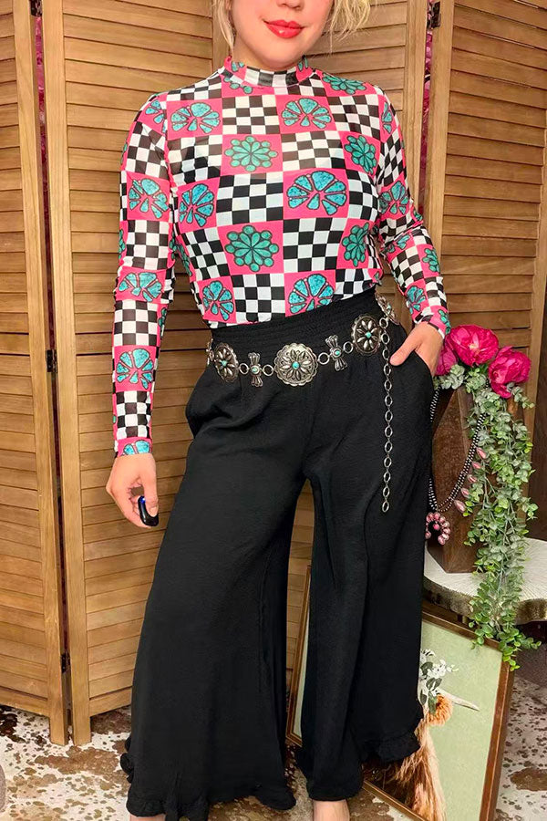 Southern Stitch Western jewels & checkered print sheer long sleeve top XCH17200