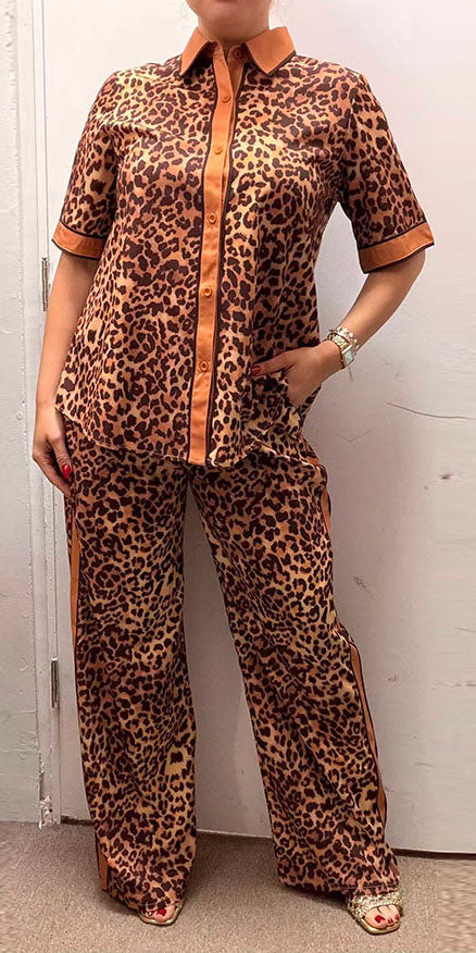 Southern Stitch leopard short sleeve top & pant 2pc women set GJQ17011