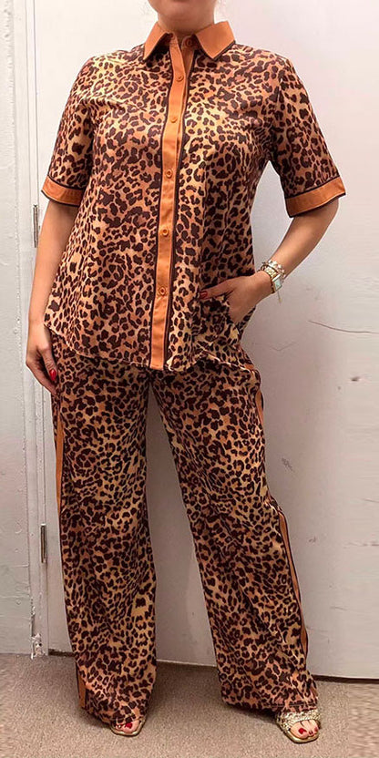 Southern Stitch leopard short sleeve top & pant 2pc women set GJQ17011
