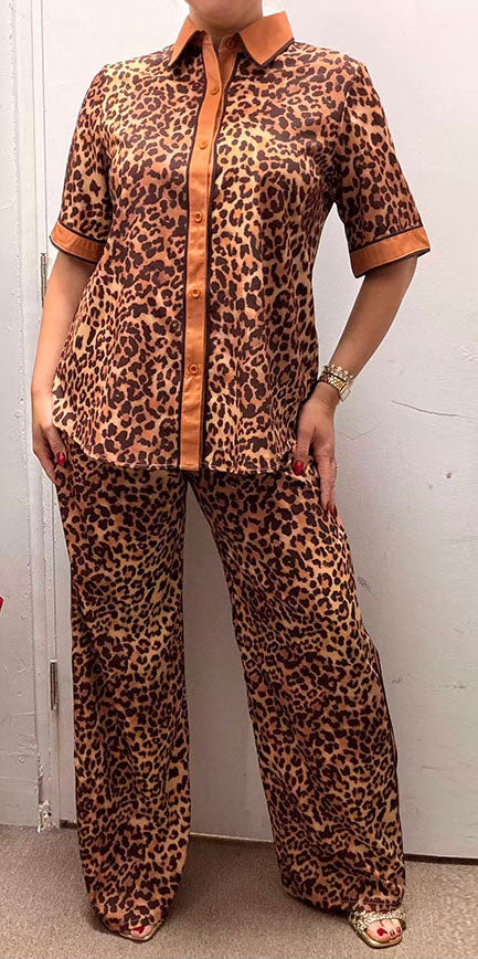 Southern Stitch leopard short sleeve top & pant 2pc women set GJQ17011