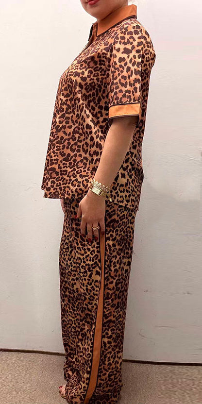 Southern Stitch leopard short sleeve top & pant 2pc women set GJQ17011