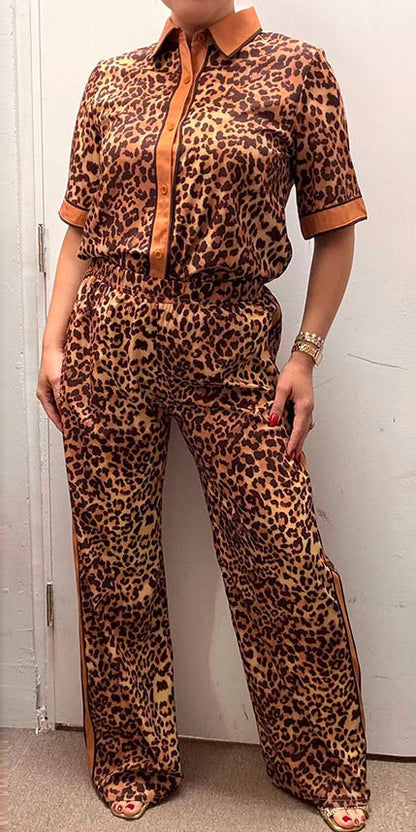Southern Stitch leopard short sleeve top & pant 2pc women set GJQ17011