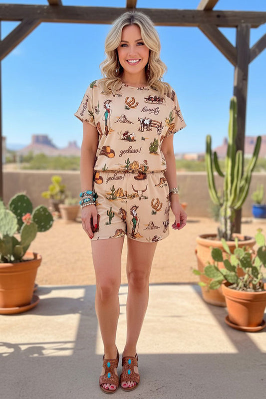 Southern Stitch Western patterns print short sleeve top & shorts 2pc women set XCH16892