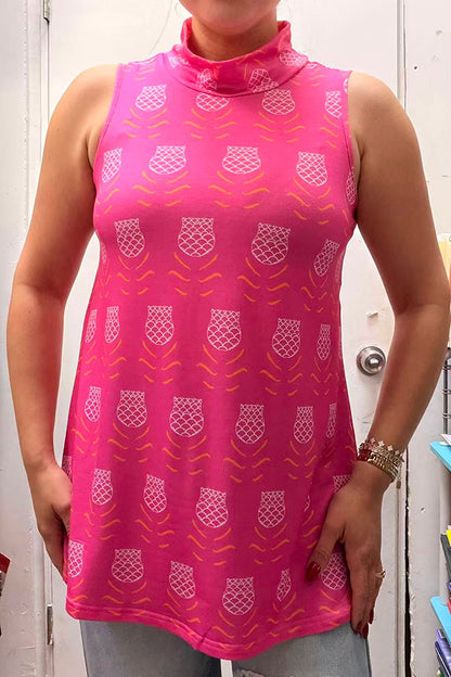 GJQ11063 Graphic pattern printed tank top w/turtle neck