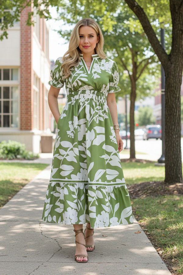Southern Stitch Green floral print tiered short sleeve maxi dress GJQ16997