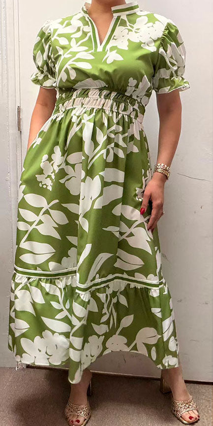 Southern Stitch Green floral print tiered short sleeve maxi dress GJQ16997