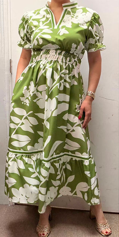 Southern Stitch Green floral print tiered short sleeve maxi dress GJQ16997