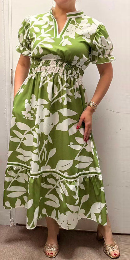 Southern Stitch Green floral print tiered short sleeve maxi dress GJQ16997