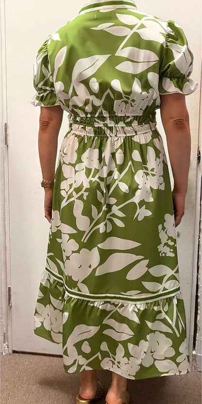 Southern Stitch Green floral print tiered short sleeve maxi dress GJQ16997