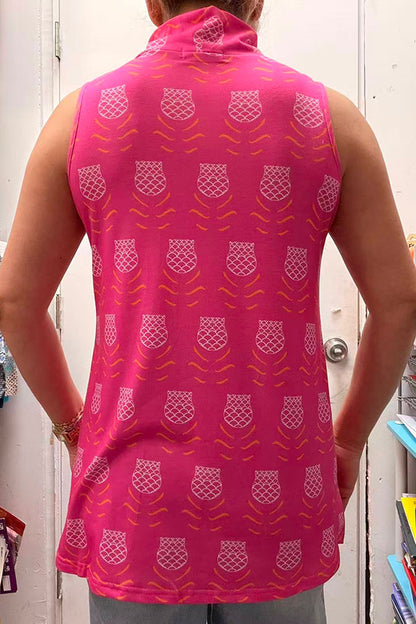 GJQ11063 Graphic pattern printed tank top w/turtle neck