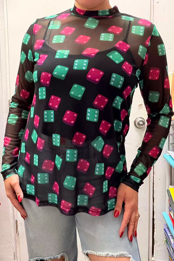 Southern Stitch Dice print sheer long sleeve women top XCH16356
