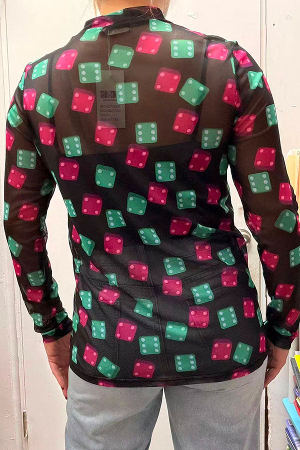Southern Stitch Dice print sheer long sleeve women top XCH16356