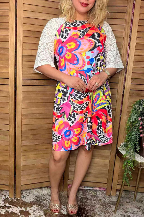 Floral printed white raglan lace short sleeve women dress YMY15009