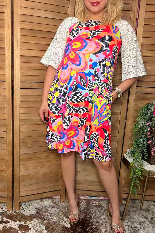 Floral printed white raglan lace short sleeve women dress YMY15009