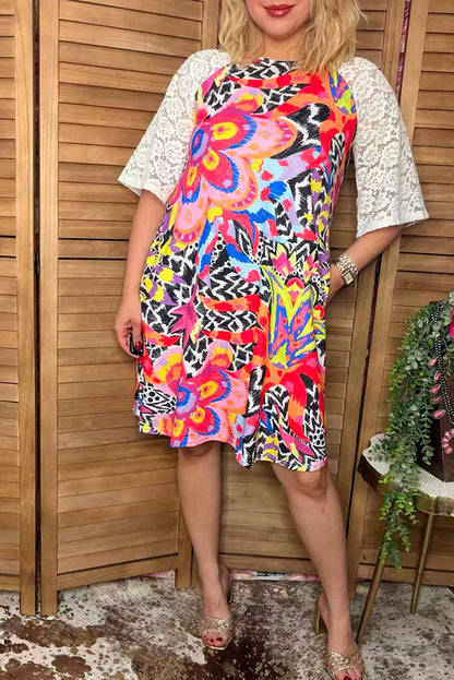 Floral printed white raglan lace short sleeve women dress YMY15009
