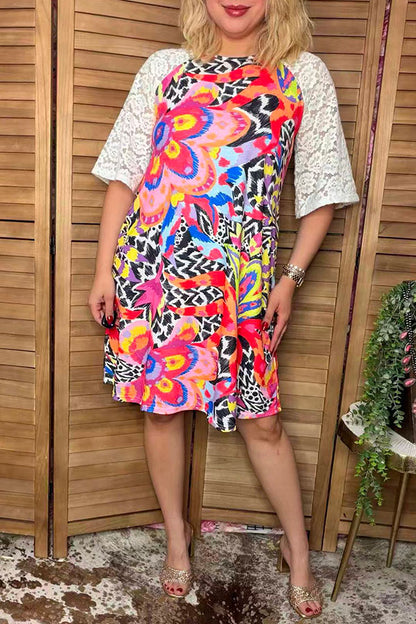 Floral printed white raglan lace short sleeve women dress YMY15009