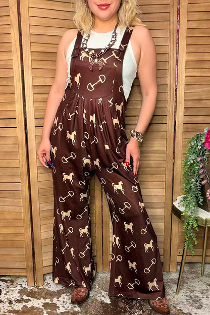 Western chic horse & stirrup print wide leg women boutique overall jumpsuit XCH17192