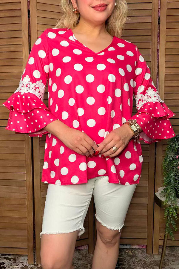 Western polka dots patchwork lace ruffle bell sleeve women boutique top XCH17290