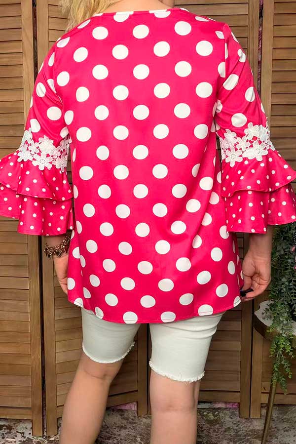 Western polka dots patchwork lace ruffle bell sleeve women boutique top XCH17290