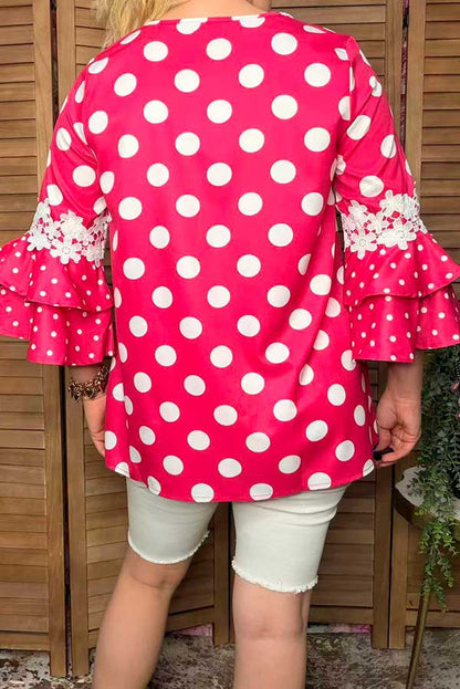 Western polka dots patchwork lace ruffle bell sleeve women boutique top XCH17290