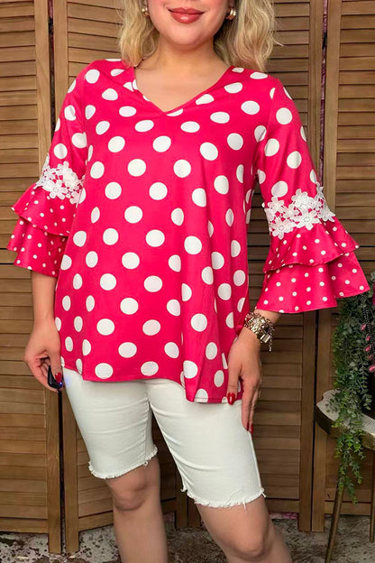 Western polka dots patchwork lace ruffle bell sleeve women boutique top XCH17290