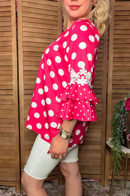 Western polka dots patchwork lace ruffle bell sleeve women boutique top XCH17290