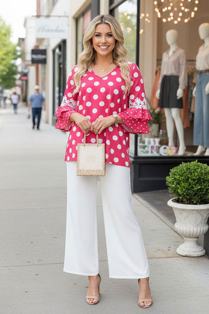 Western polka dots patchwork lace ruffle bell sleeve women boutique top XCH17290