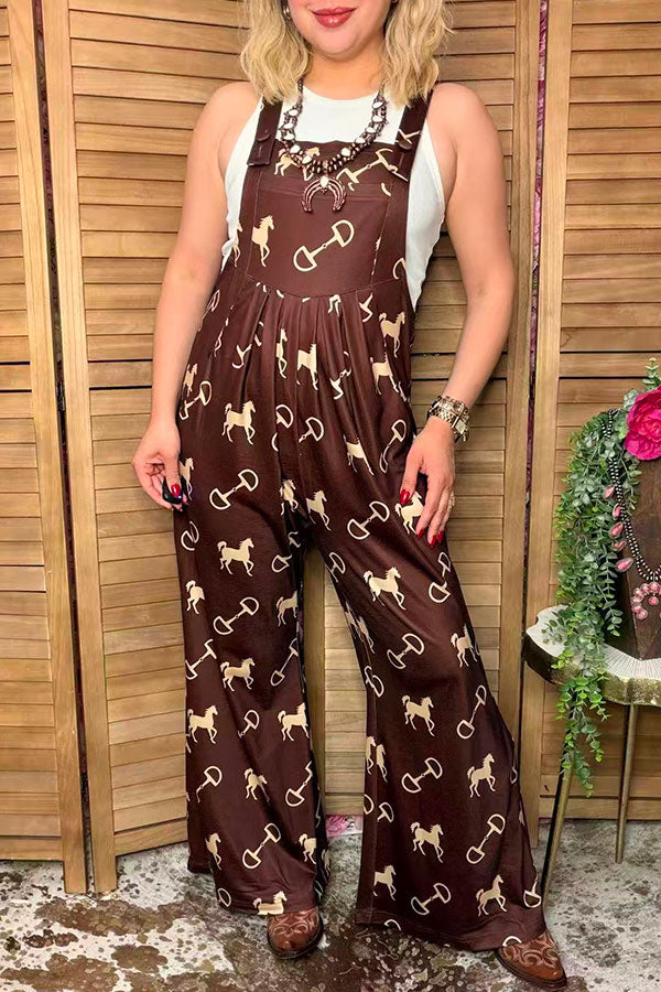 Western chic horse & stirrup print wide leg women boutique overall jumpsuit XCH17192