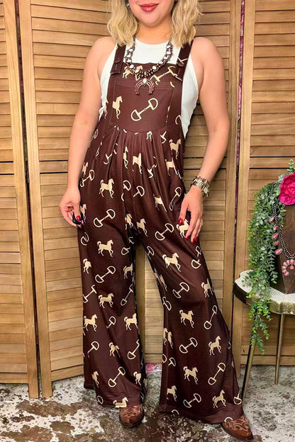 Western chic horse & stirrup print wide leg women boutique overall jumpsuit XCH17192
