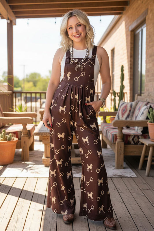 Western chic horse & stirrup print wide leg women boutique overall jumpsuit XCH17192